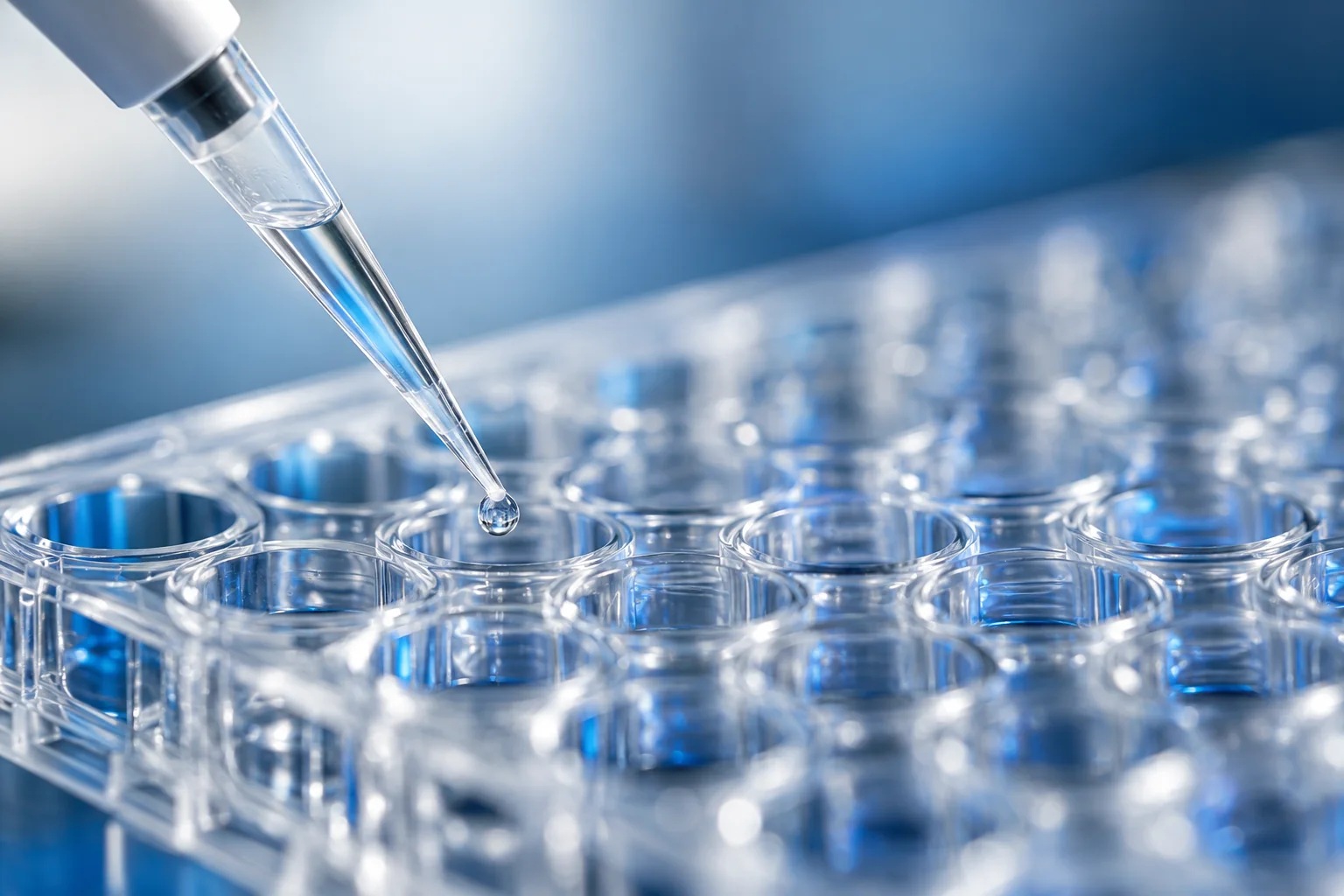 Illustration of a micropipette releasing a droplet into an assay plate