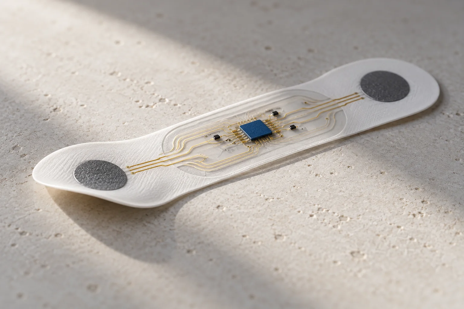Concept illustration of a flexible wearable sensor patch with fine conductive tracks