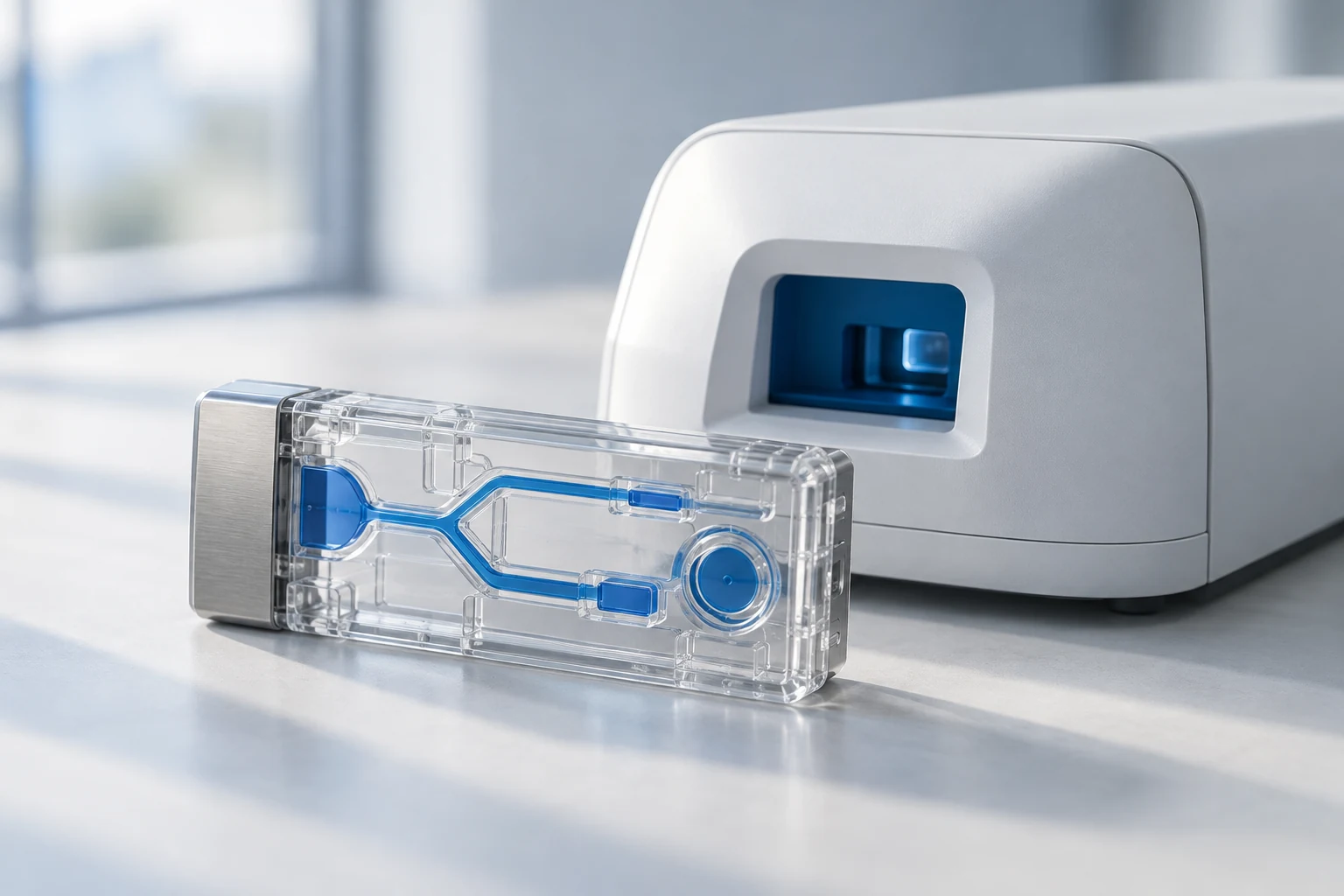 Conceptual transparent diagnostic cartridge with blue channels beside an off-white reader