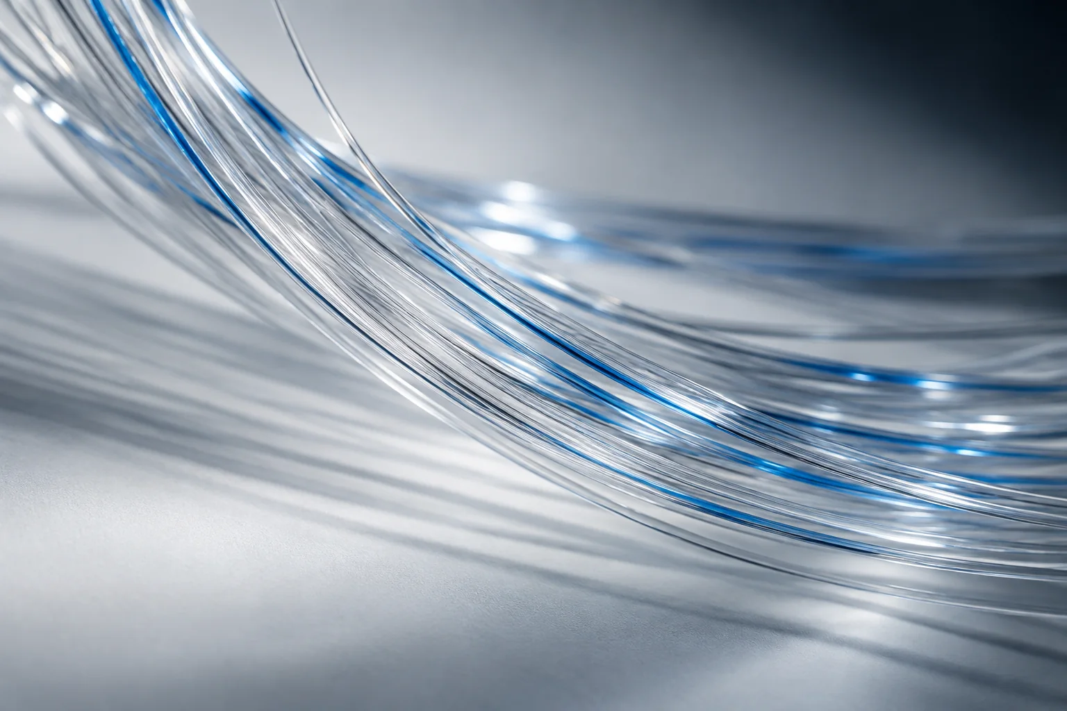 An abstract study of curved glass fibers catching blue and white light
