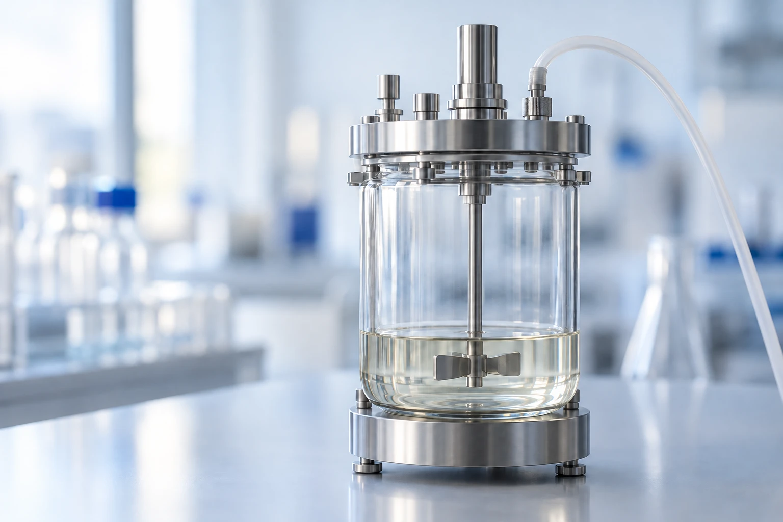 A glass bioreactor vessel with a steel lid and visible stirrer