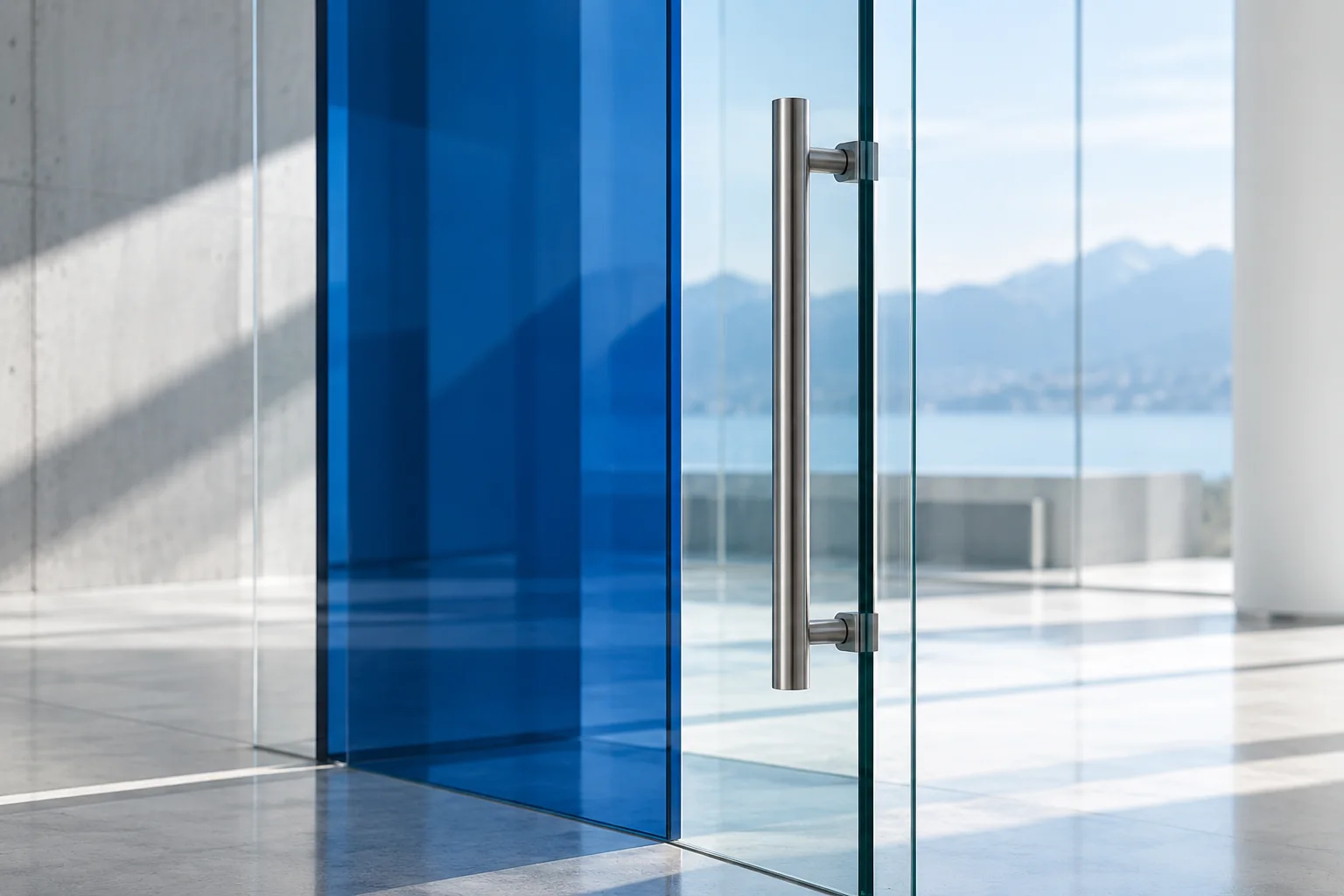 A steel handle on a glass door beside a translucent blue panel