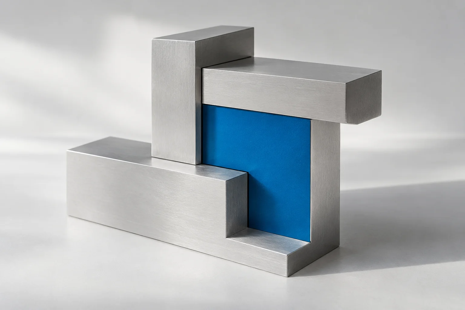Interlocking satin aluminum sections framing a blue inset on a pale studio background