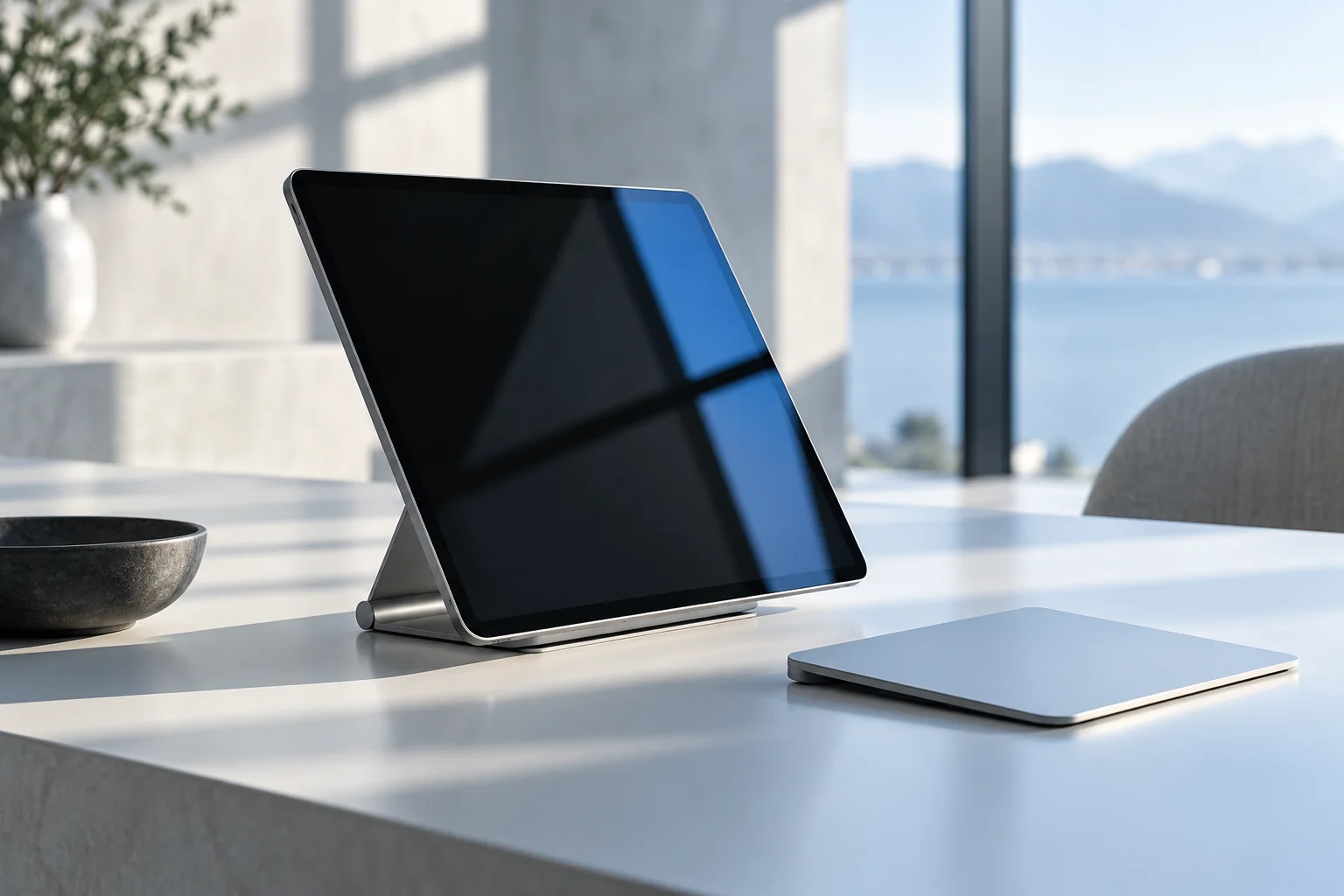 A tablet and touchpad on a minimal working table