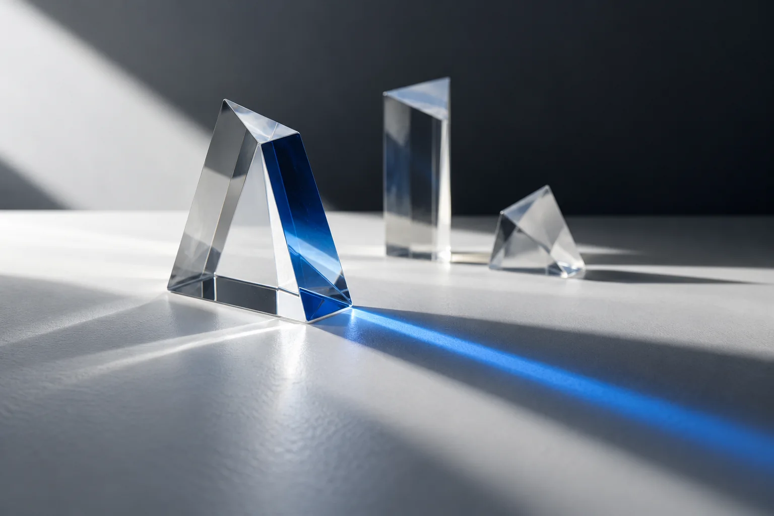 Clear optical prisms refracting a narrow line of blue light