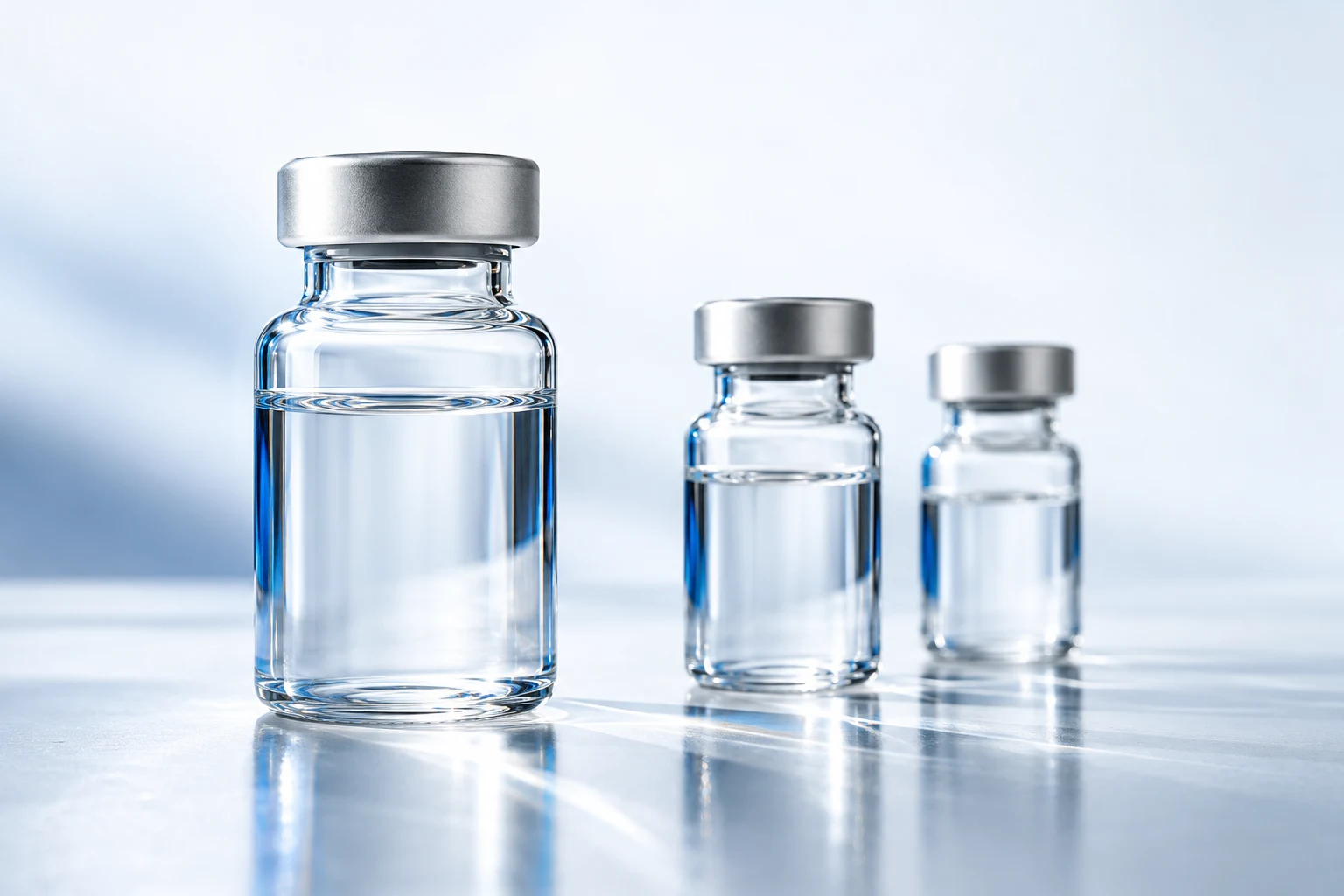 Three unbranded glass pharmaceutical vials in a cool white studio setting