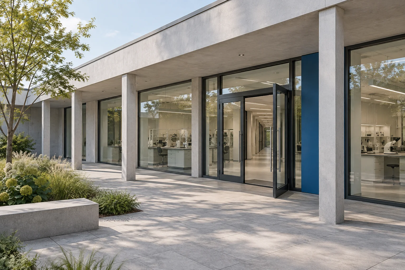 Conceptual research pavilion with a covered walkway, an open entrance and glazed laboratory spaces