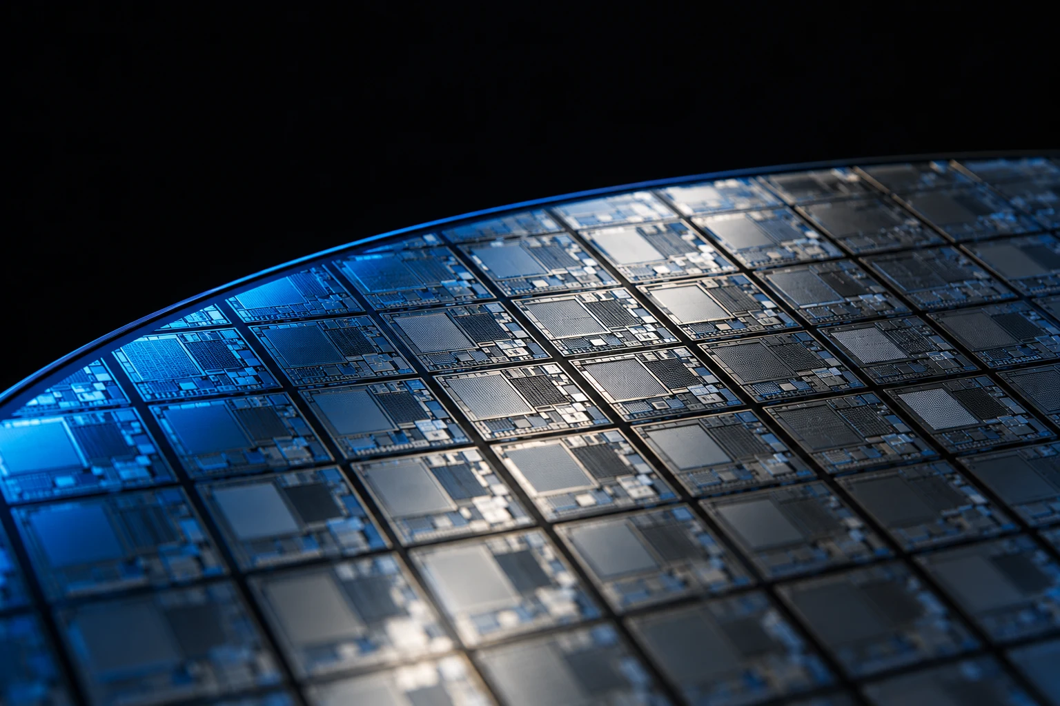 Illustrative macro view of a silicon wafer with a grid of chip dies under blue light