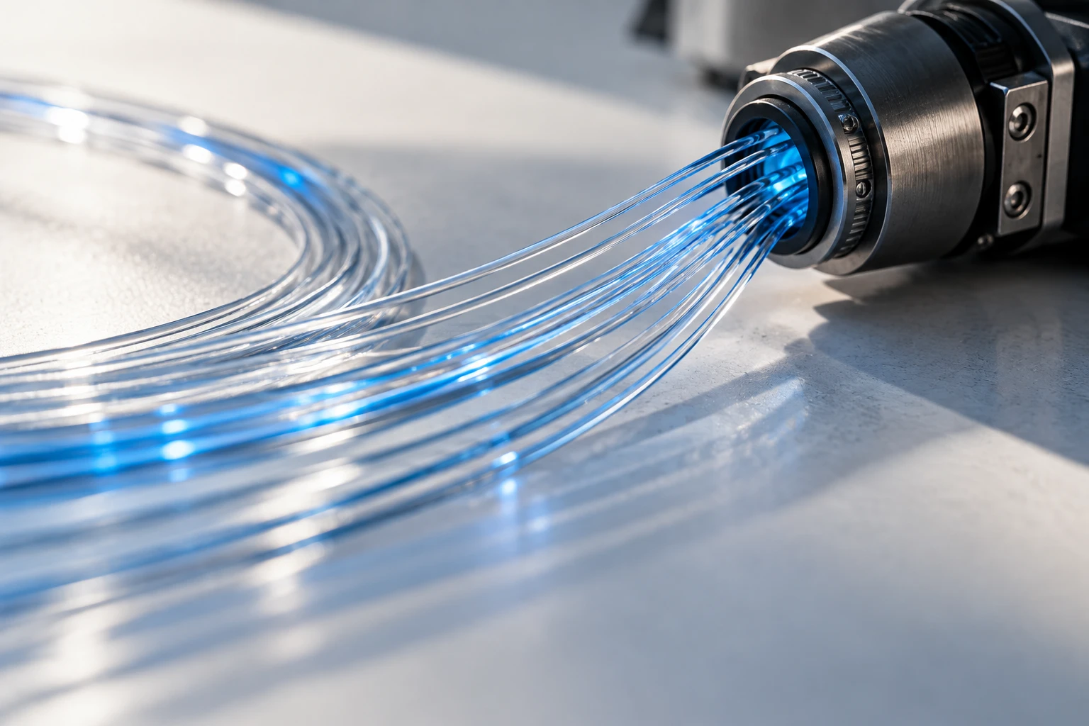 Illustrative close-up of blue optical fibers entering a metal connector